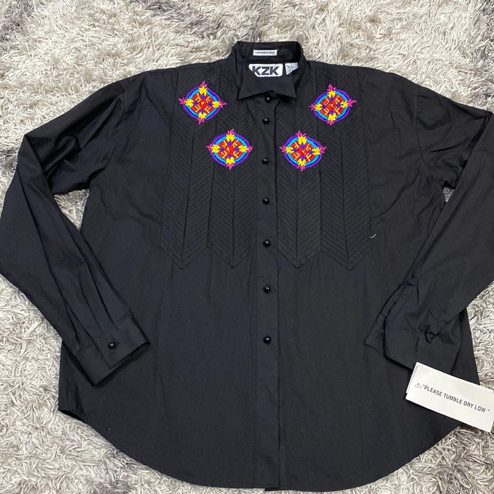 NWT Vintage KZK western vibe black shirt with embroidery long sleeve SZ L